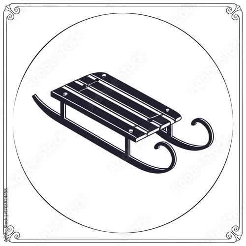 Classic wooden sled with curved runners depicted in a vintage circular frame with decorative corner embellishments against a clean white background