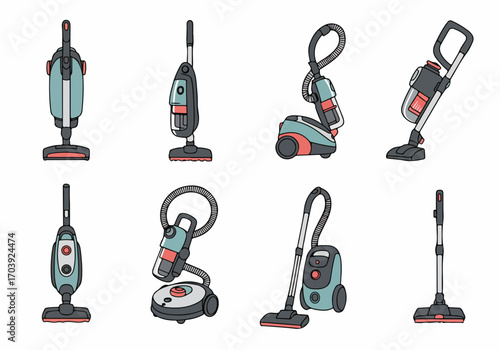 Colorful cartoon illustration set of various vacuum cleaner types, including upright, canister, and stick models, for domestic cleaning and household chores.