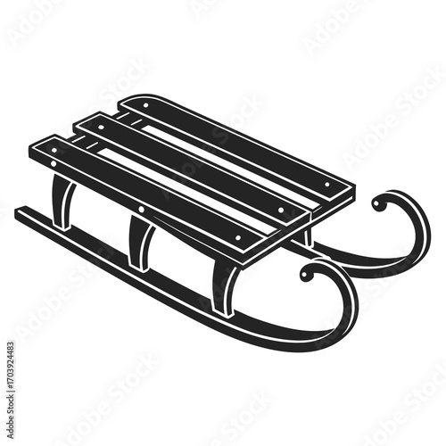 Classic wooden sled with curved runners and a slatted seat depicted in a simple black and white illustration on a white background