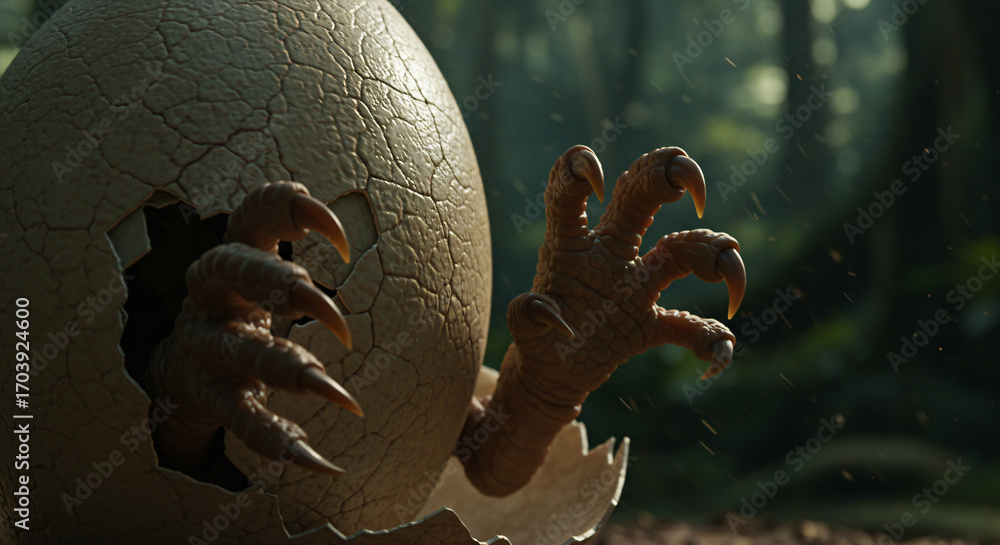 Naklejka premium A powerful prehistoric dinosaur hatchling with sharp claws breaks free from its egg in a lush, ancient jungle environment