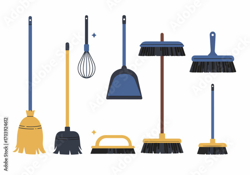 Collection of diverse cleaning tools including brooms, brushes, dustpan, and whisk, perfect for household chores and hygiene on a white background.