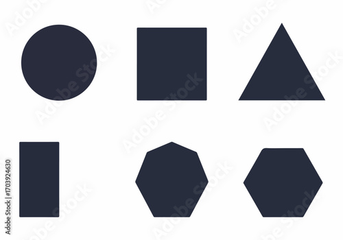 Simple dark geometric shapes: circle, square, triangle, rectangle, heptagon, and hexagon isolated on a white background, useful for design and educational concepts.
