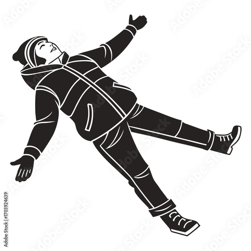 Stylized silhouette of a person in winter clothing lying down on their back with arms and legs spread out