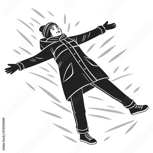 Joyful person in winter clothing making a snow angel with arms and legs spread wide on a snowy background