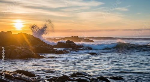 Waves Crashing on Rocky Coastline at Sunset.