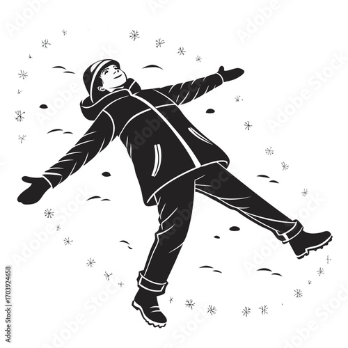 Joyful person lying down in snow making a snow angel surrounded by falling snowflakes and snow drifts