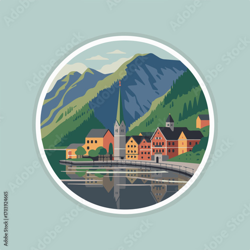 A charming sticker of hallstatt, austria, featuring its picturesque village, serene lake, and majestic mountains, capturing the essence of this idyllic european destination