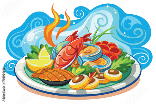Colorful Plate of Seafood and Fruits Delicious Culinary Composition Depicting a Vibrant Meal with Lobster and Tropical Delights