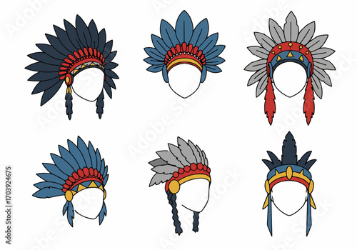 Diverse vector illustrations of Native American headdresses, featuring traditional feathered bonnets and ceremonial headwear on white background.