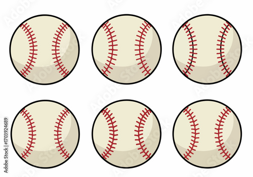 Collection of six cartoon baseballs with classic red stitching, ideal for sports themes, game graphics, children's activities, or American summer illustrations on a clean white background.