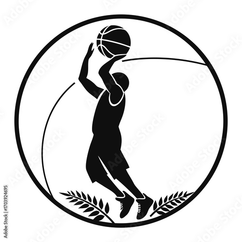 Black silhouette of a basketball player in mid jump shooting the ball inside a circular frame with laurel branches at the bottom