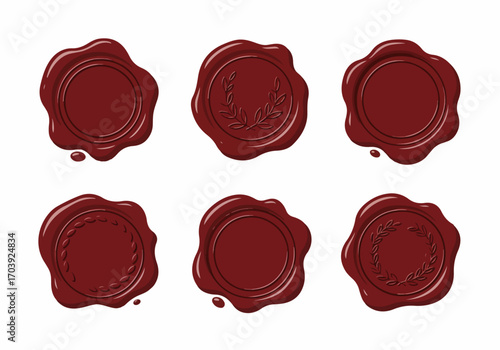 Collection of Six Red Wax Seals: Vector Illustrations of Vintage Stamp Designs, including Blank and Laurel Wreath Emblems, for Official Documents or Invitations