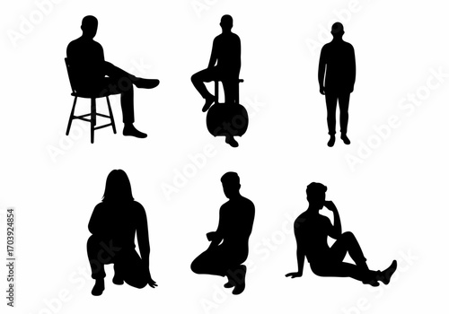 Diverse black human silhouettes in various everyday poses: sitting, standing, kneeling, and crouching, isolated on white background.