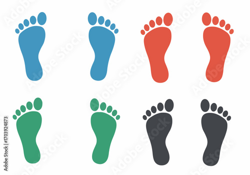 Colorful Human Footprint Icons Set: Vector Illustrations of Left and Right Feet in Blue, Red, Green, and Grey, Representing Steps, Movement, and Health