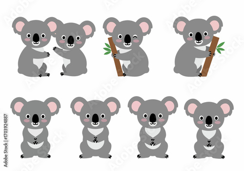 Adorable cartoon koala collection: illustrations of cute koalas in various poses, including hugging, holding eucalyptus, and standing, perfect for kids.