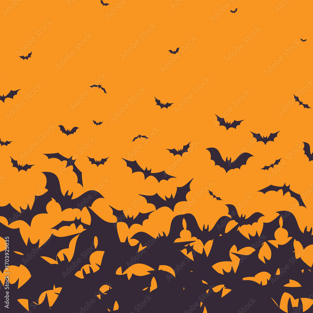 Fototapeta premium Silhouette of flying bats scattered across orange background in dark color