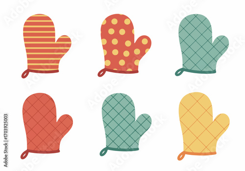 Colorful illustration set of various patterned oven mitts and kitchen gloves, perfect for cooking and baking concepts.