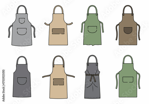 Collection of various apron designs, featuring different styles, colors, and pocket configurations, suitable for kitchen, craft, or professional work wear.