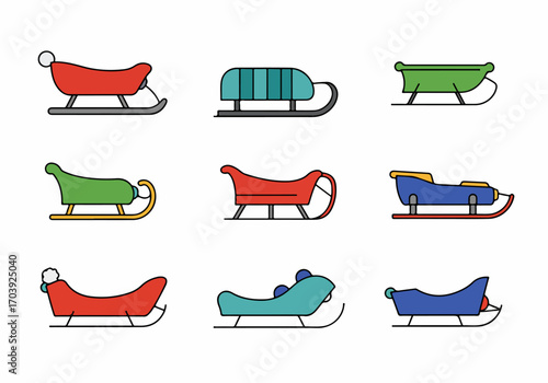 Colorful Vector Sleds Collection: A Diverse Set of Winter Sleigh Icons for Festive Season Fun and Outdoor Recreation Activities