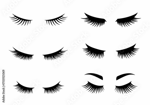 Collection of various black silhouette closed eyes with decorative long eyelashes, perfect for beauty, makeup, and cosmetic designs on white.