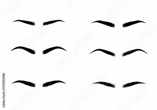 Diverse eyebrow shapes set, black graphic vector illustration on white background, showcasing various styles for beauty, fashion, and cosmetic design elements.