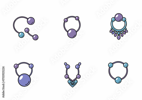 Illustrated set of colorful body piercing jewelry icons, featuring various septum rings, circular barbells, and ornate designs with purple and blue beads.