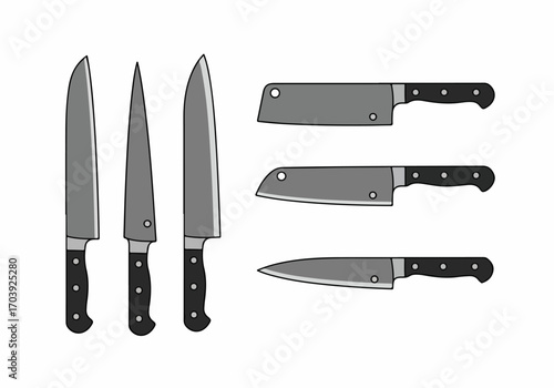 Cartoon vector illustration of various kitchen knives and cleavers, including chef's knives, utility knives, and meat cleavers, isolated on a white background.