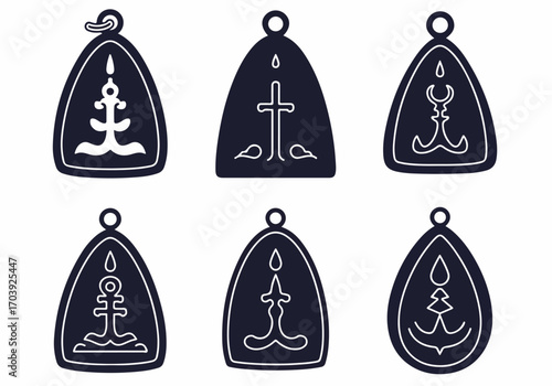 Set of six stylized anchor and cross design pendants, featuring nautical and spiritual symbols for graphic themes and decorative elements.
