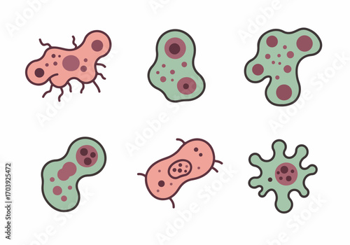 Diverse Microscopic Organisms Illustration Pack: Simple Vector Icons of Germs, Protozoa, and Cells for Biology and Health Concepts.