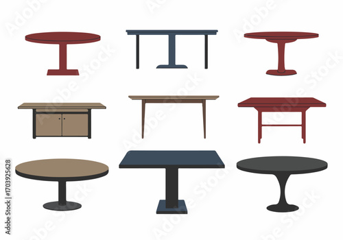 Collection of Modern and Classic Table Designs: A Vector Set of Furniture Icons Featuring Various Shapes, Bases, and Colors for Interior Design and Home Decor.