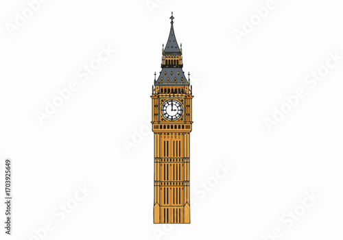 Iconic Big Ben clock tower illustration, a famous London landmark, symbolizing British travel, tourism, and historical architecture, isolated on white background.