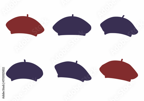 Collection of iconic beret hats in maroon and dark blue. Flat design silhouettes representing French fashion, art, and culture. Simple illustration for various uses.