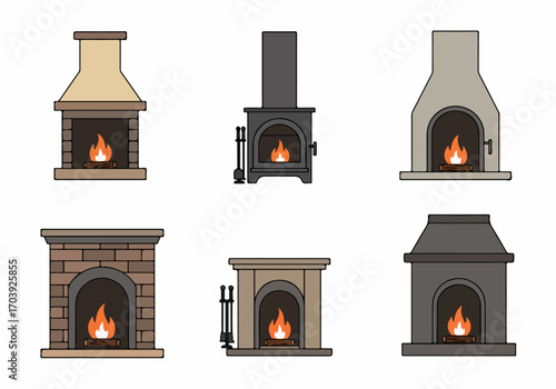 Collection of six diverse fireplace and wood stove icons with burning fires, showcasing various designs and styles for home heating.