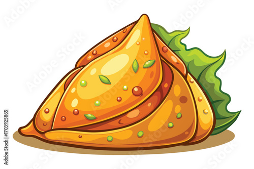 Delicious Samosa on a Green Plate Artistic Food Illustration Featuring Crispy Fried Pastries and Fresh Herbs