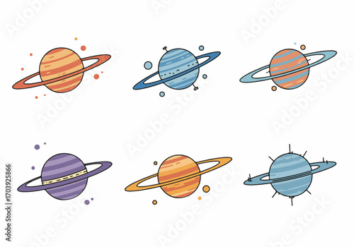 Colorful cartoon planets with rings, a set of six cosmic vector illustrations, perfect for children's astronomy and space-themed designs.
