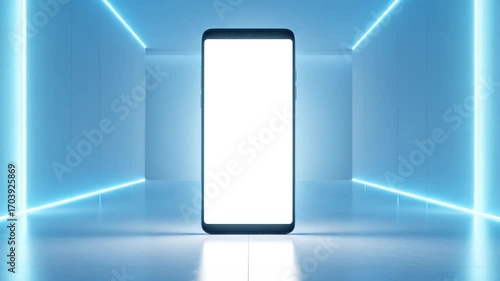 Smartphone Screen in a Futuristic Blue Lit Corridor, Technology and Innovation