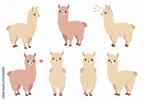 Cute Cartoon Alpacas and Llamas Collection in Various Poses and Expressions, Isolated on White Background
