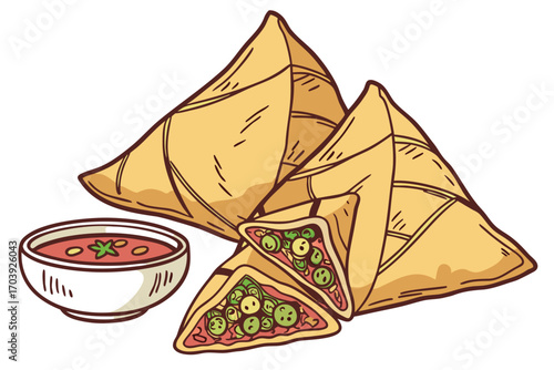 Delicious Samosas on a Green Plate Artistic Food Illustration Featuring Crispy Fried Pastries and Fresh Herbs
