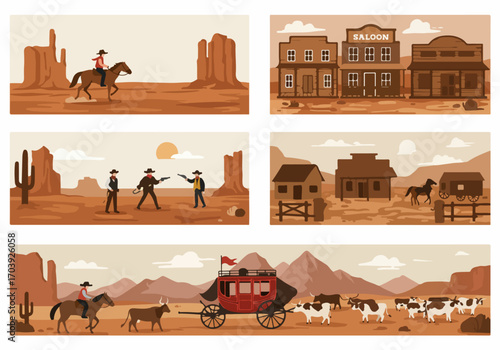 Illustrated Western scenes depicting cowboys, duels, saloons, stagecoaches, and cattle drives in a rugged desert landscape.