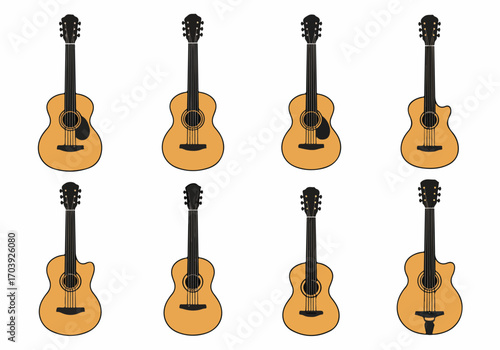 Collection of 8 minimalist vector acoustic guitars with various designs, perfect for music-themed illustrations and graphic design projects, isolated on white background.