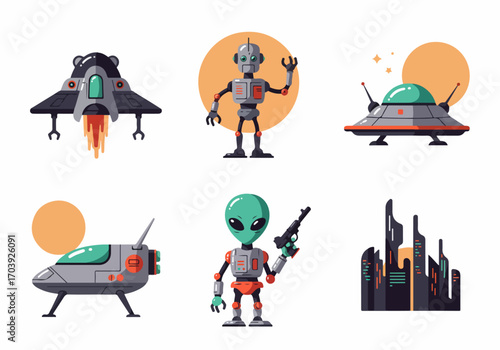 A collection of flat design space and sci-fi elements including UFOs, a robot, an alien, and a futuristic city skyline.