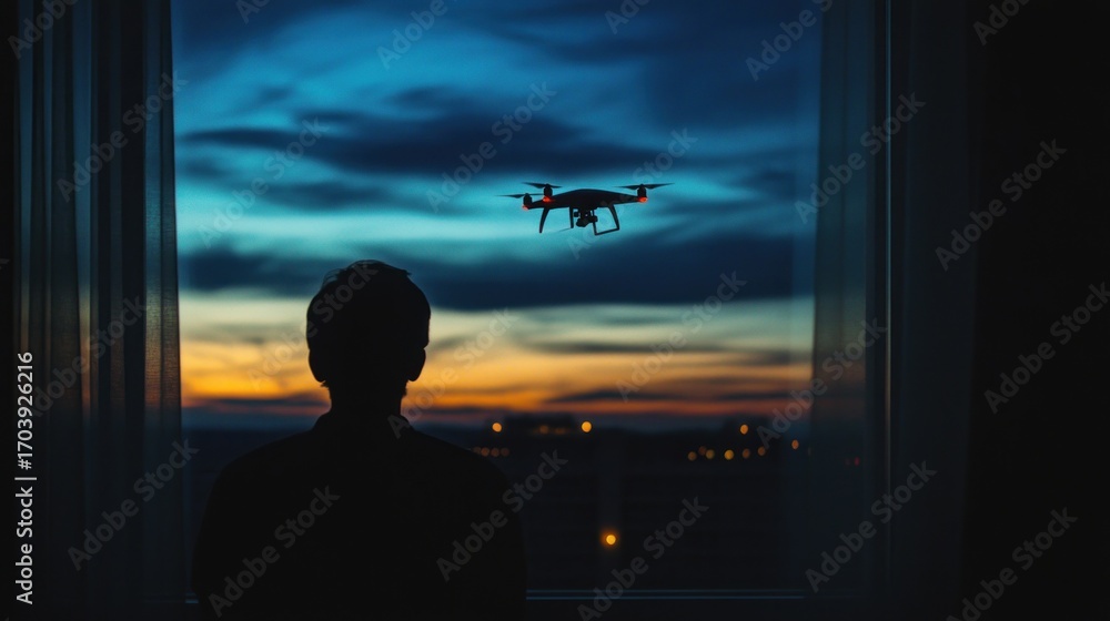 Obraz premium Silhouette person watches drone sunset