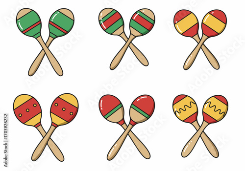 Colorful cartoon maraca pairs with varied patterns, a vibrant musical instrument collection perfect for festive celebrations and cultural events.