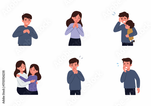 Illustrations of people experiencing various negative emotions, physical discomforts, and seeking comfort or support due to stress or illness.