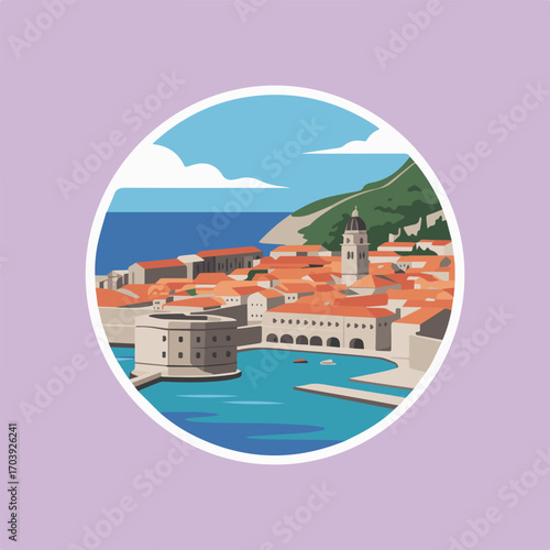 Illustration of dubrovnik, croatia, featuring the old town with its iconic red roofs, city walls, and the adriatic sea, capturing the beauty and charm of this historic destination
