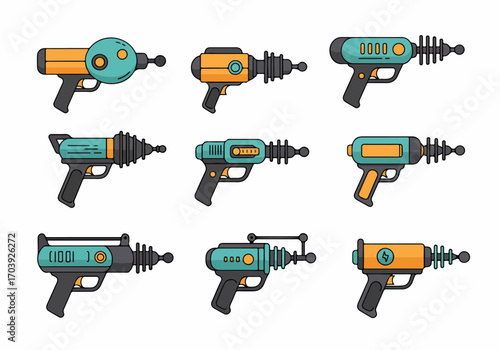Vibrant Retro Sci-Fi Ray Guns and Laser Blasters Collection Vector Set for Gaming and Nostalgia