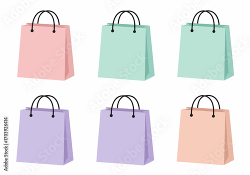 Collection of six pastel shopping bags with black handles on a white background, perfect for retail, sales, and e-commerce designs.
