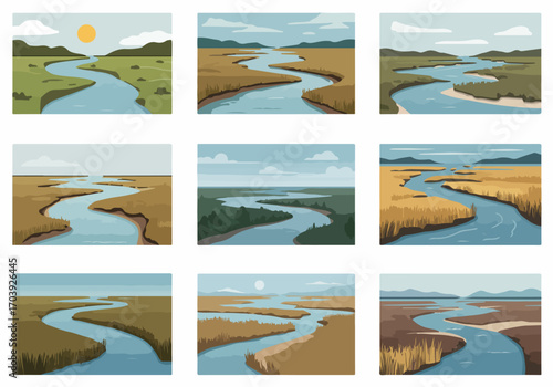 A collection of stylized vector illustrations depicting winding rivers flowing through diverse natural landscapes, including green fields, marshes, and wetlands, under various skies.