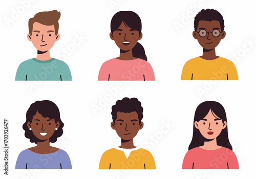 Diverse group of happy, smiling cartoon avatars representing various ethnicities, genders, and ages in a friendly and inclusive illustration.