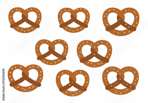 A repeating pattern of traditional brown pretzels with white salt dots on a clean white background, representing a classic snack food and Bavarian culture.